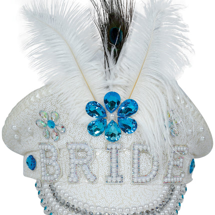 Chapeau de capitaine de mariée avec plume de bijoux, adultes