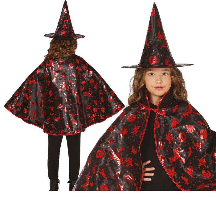 Costume d'Halloween Noir Rouge Fille Sorcière 2 pièces