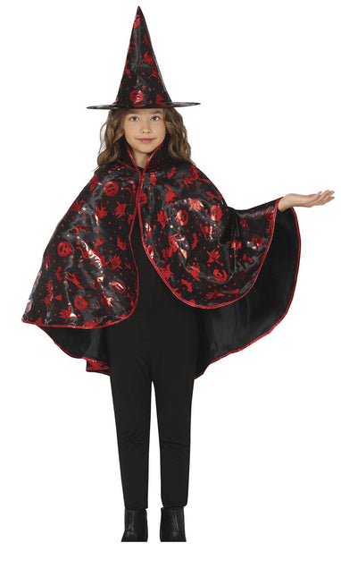 Costume d'Halloween Noir Rouge Fille Sorcière 2 pièces