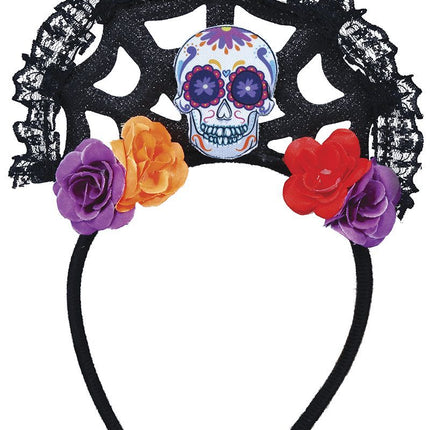 Bandeau Dia De Los Muertos Fleurs et tête de mort