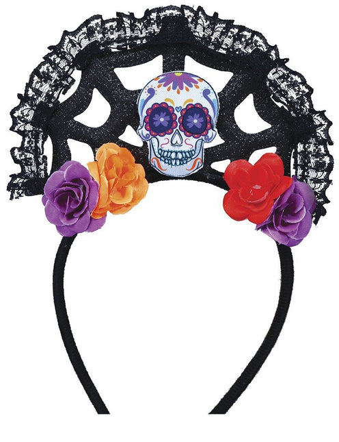 Bandeau Dia De Los Muertos Fleurs et tête de mort