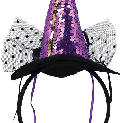 Bandeau d'Halloween Mini Chapeau de Sorcière Violet Paillettes