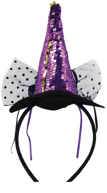 Bandeau d'Halloween Mini Chapeau de Sorcière Violet Paillettes