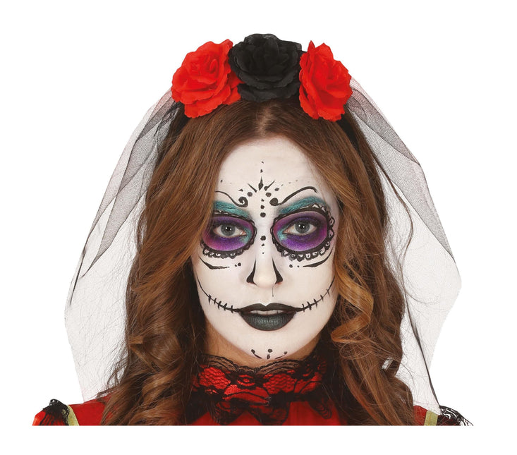 Halloween Tiara Veil And Flowers Red