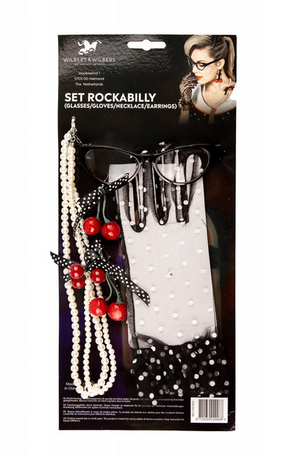 Set Rockabilly (lunettes/gants/chaîne/boucles d'oreilles)