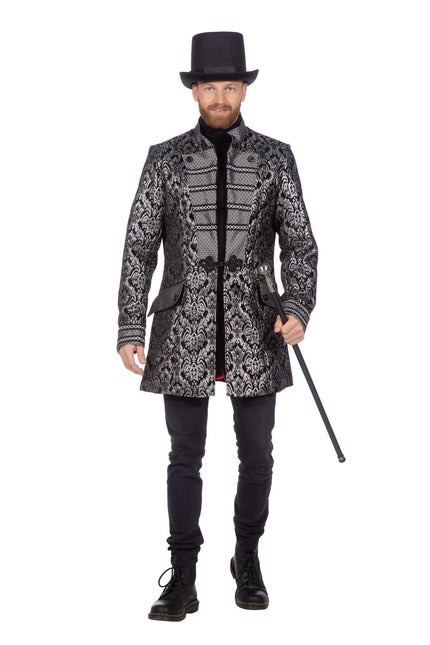 Manteau de luxe en brocart noir/argent