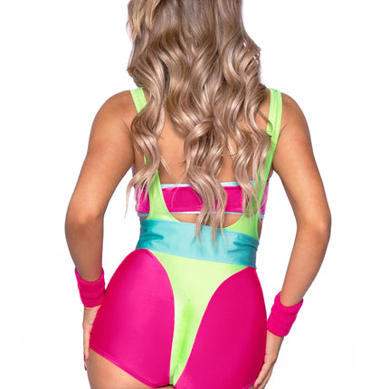 Neon 80S Costume Green Pink Ladies Bodysuit Workout Leg Avenue