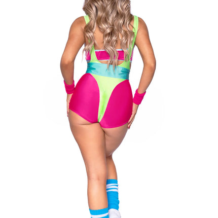 Neon 80S Costume Green Pink Ladies Bodysuit Workout Leg Avenue