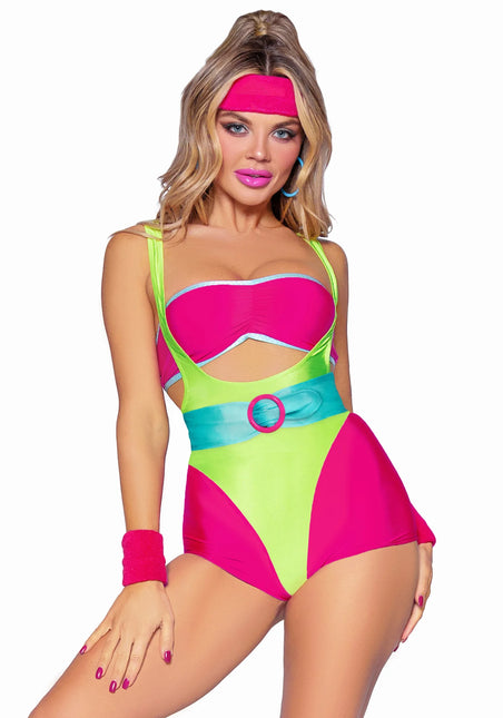 Neon 80S Costume Green Pink Ladies Bodysuit Workout Leg Avenue