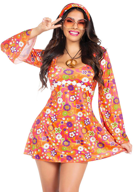 Hippie 60S Robe Ladies Floral Leg Avenue