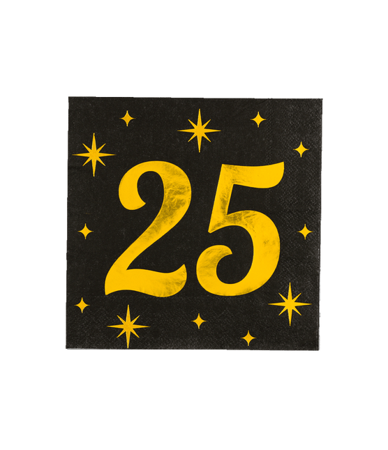 25 Years Napkins Black Gold 19cm 16pcs