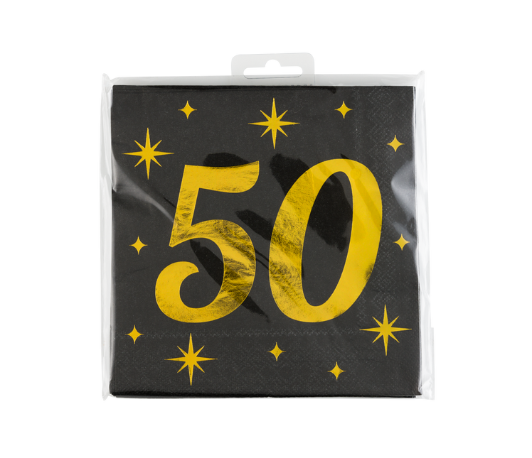 Serviettes de table 50 ans Noir or 19cm 16pcs