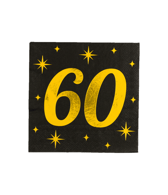 60 Years Napkins Black Gold 19cm 16pcs