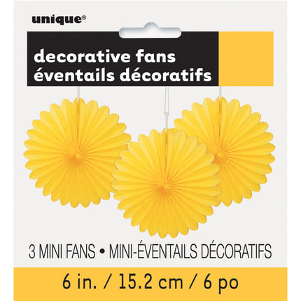 Eventails en papier jaune 15cm 3pcs