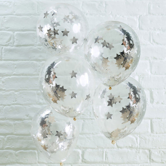 Ballons Confetti Argentés Étoiles 30cm 5pcs