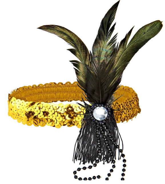 Bandeau doré avec paillettes et plumes