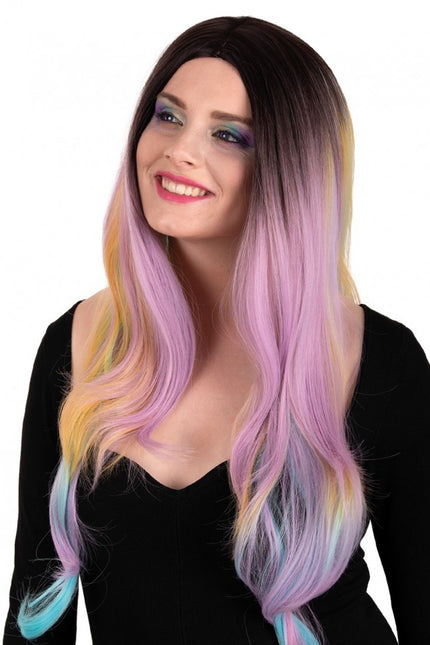 Perruque Selena longue avec boucles arc-en-ciel pastel