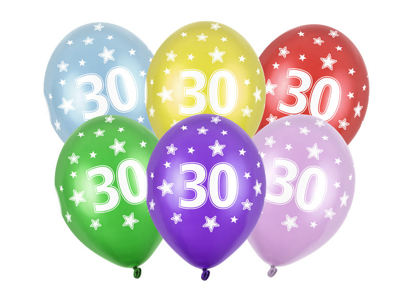 Ballons 30 ans colorés métalliques 30cm 6pcs