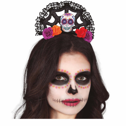 Bandeau Dia De Los Muertos Fleurs et tête de mort