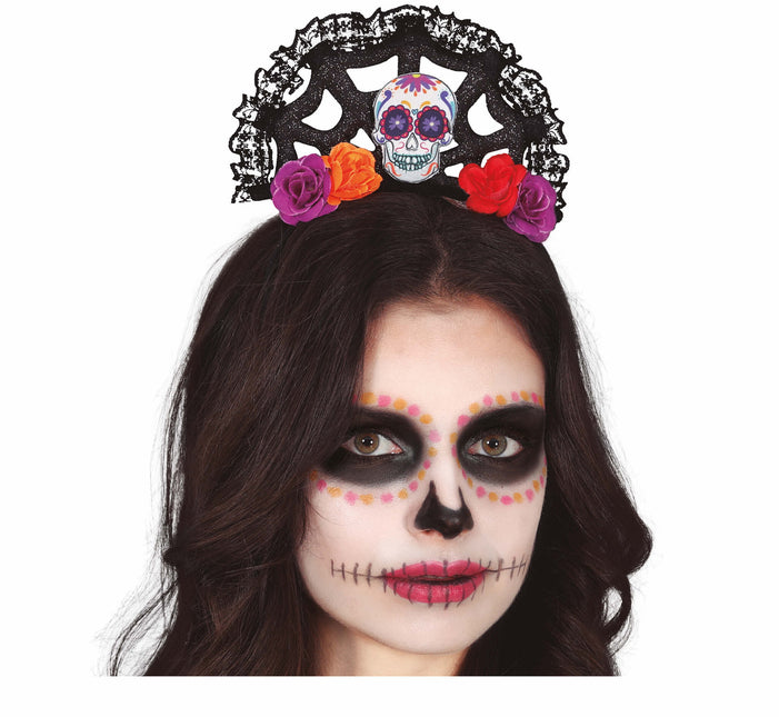 Bandeau Dia De Los Muertos Fleurs et tête de mort