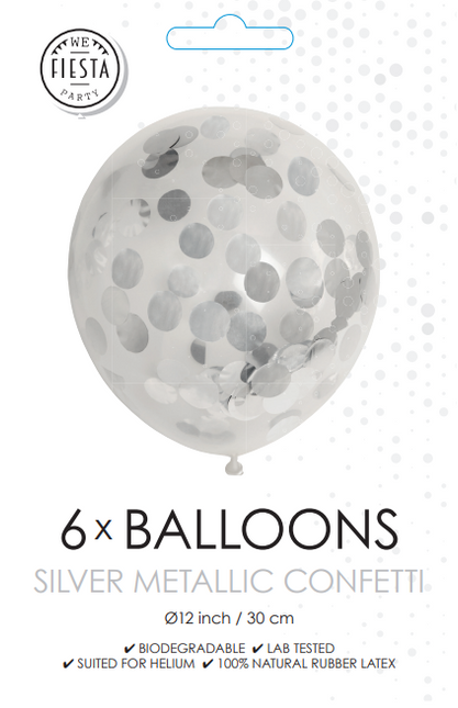 Ballons Confetti Argent 30cm 6pcs