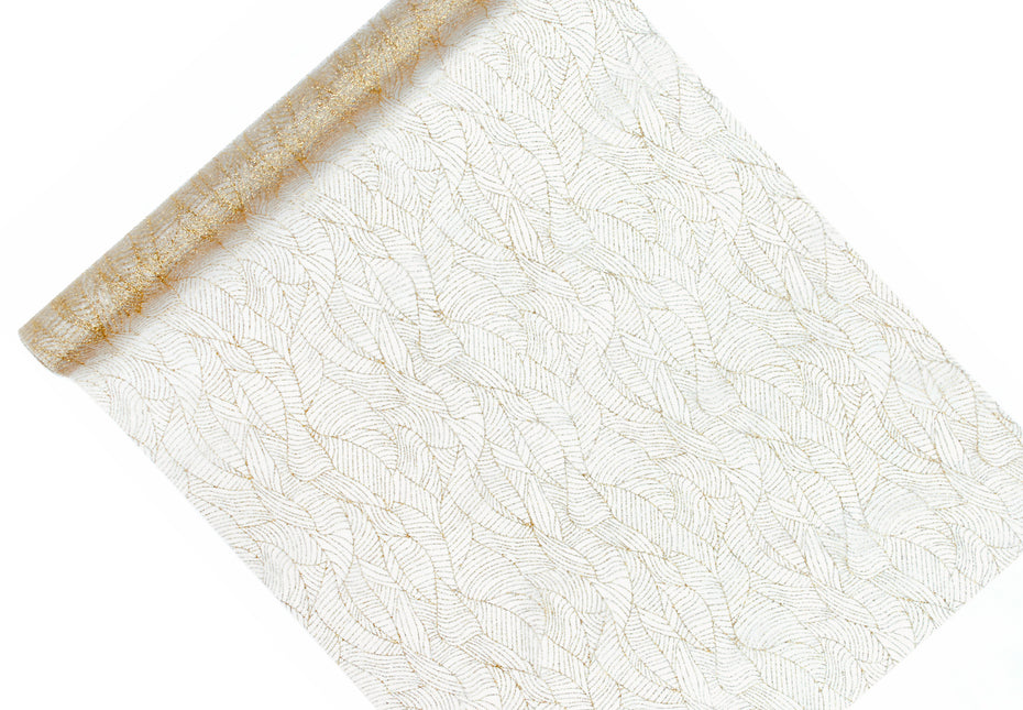 Tissu Organza blanc Feuilles d'or 48cm 9m