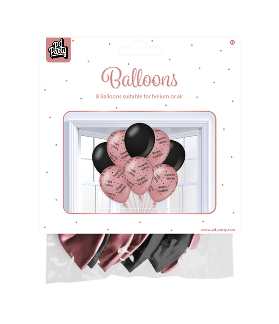 Ballons Happy Birthday Rose Noir 30cm 8pcs