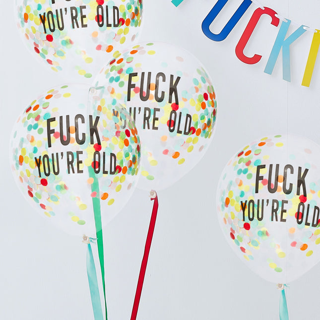 Ballons confettis transparents Fuck You're Old 30cm 5pcs