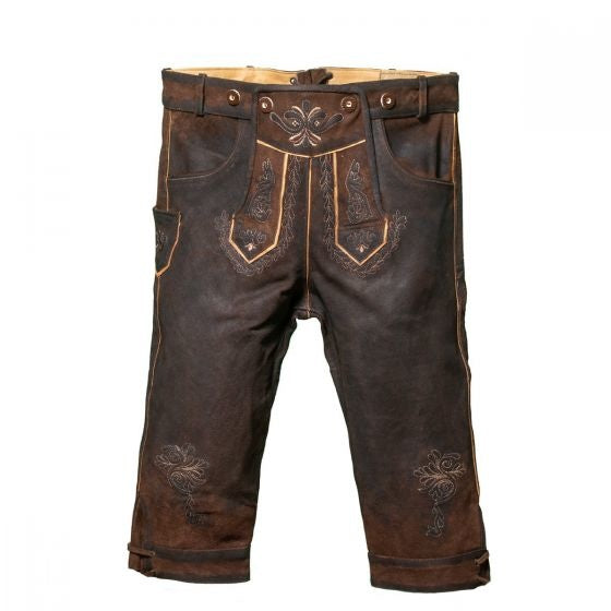 Lederhose en cuir long marron foncé avec coutures et bretelles