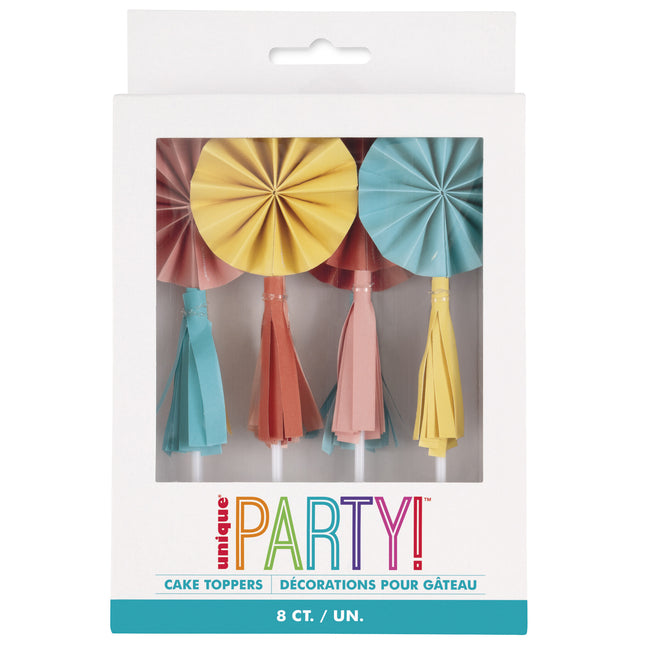 Décorations colorées pour petits gâteaux Mini éventail avec pompons 8pcs