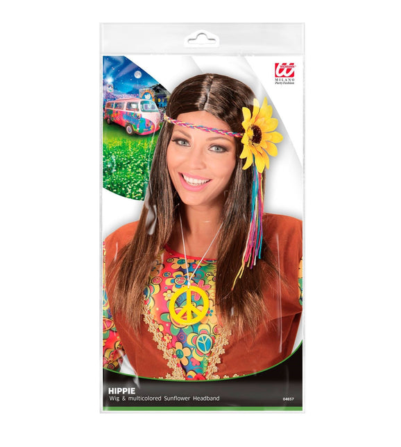 Perruque Hippie 60S brune avec bandeau en forme de tournesol