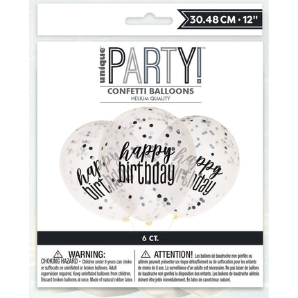 Happy Birthday Balloons Confetti Black 30cm 6pcs