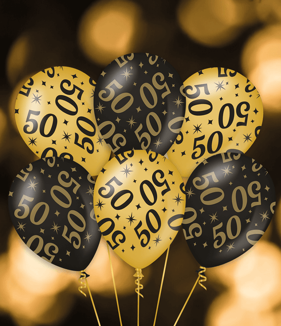 Ballons 50 ans or noir 30cm 6pcs