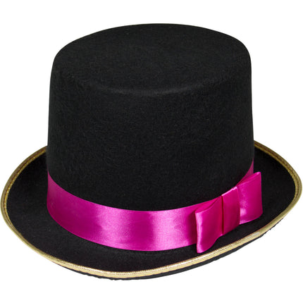 Chapeau haut de forme noir avec noeud rose