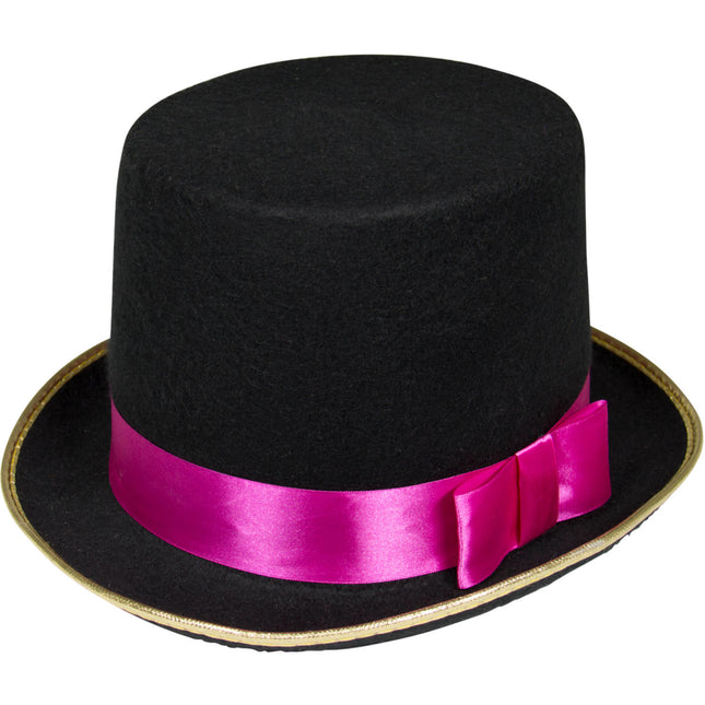 Chapeau haut de forme noir avec noeud rose