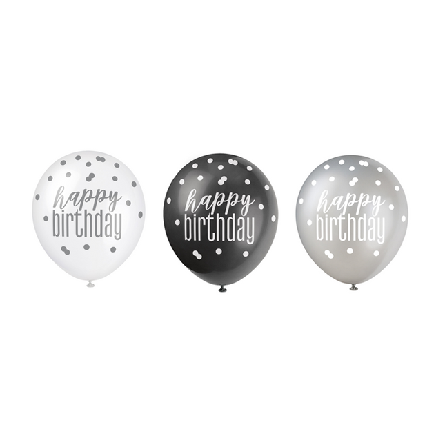 Ballons d'anniversaire Happy Birthday Dots Black 30cm 6pcs