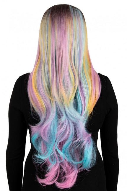 Perruque Selena longue avec boucles arc-en-ciel pastel