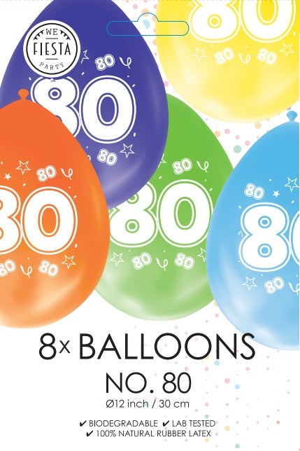 Ballons colorés 80 ans 30cm 8pcs