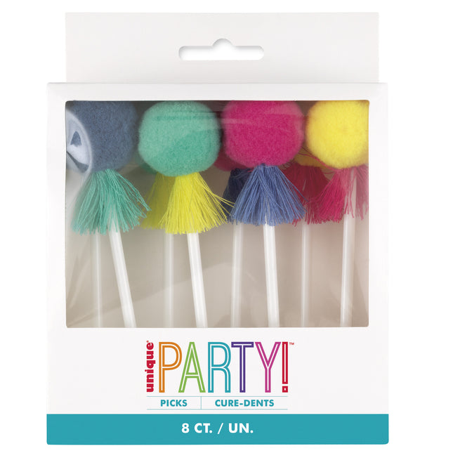 Garnitures colorées pour cupcakes Pom Pom & Tassels 8pcs