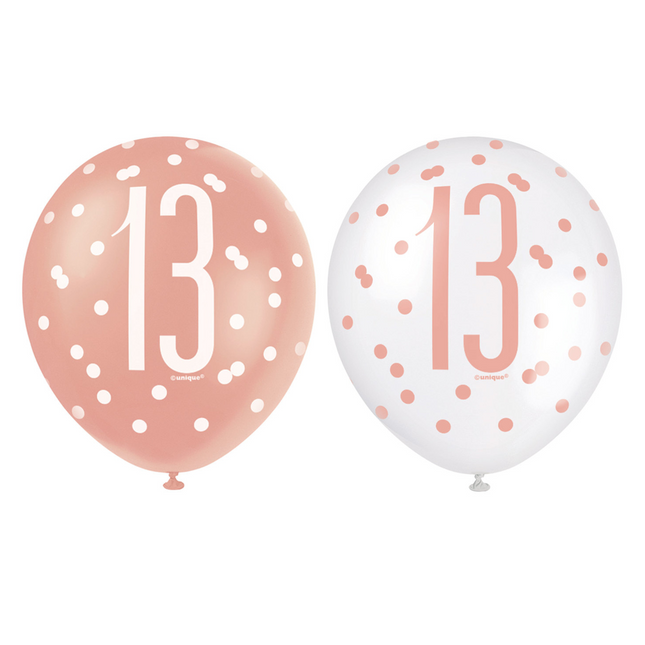 Ballons 13 ans or rose 30cm 6pcs