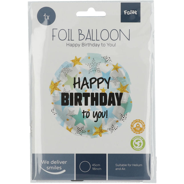 Ballon à l'hélium Happy Birthday Étoiles Bleu Or Vide 45cm