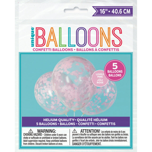Ballons Confetti Coeur Rose 40cm 5pcs