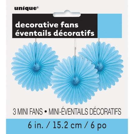 Eventails en papier bleu clair 15cm 3pcs