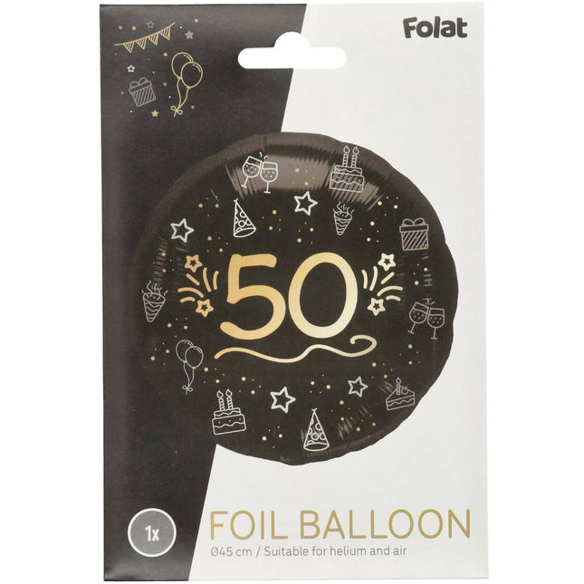 50 ans Ballon à l'hélium Noir Or Vide 45cm