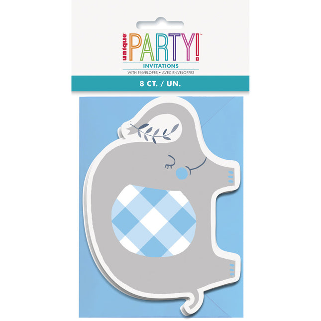 Invitations bébé éléphant bleu 8pcs