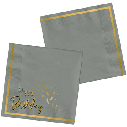 Serviettes de table Happy Birthday Gris Or 33cm 20pcs