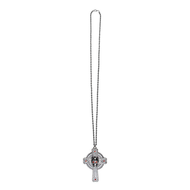 Collier Halloween Croix Pierres Rouges 28cm