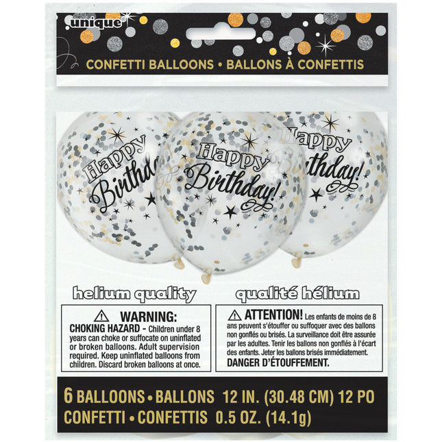 Ballons Confetti Happy Birthday Noir 30cm 6pcs