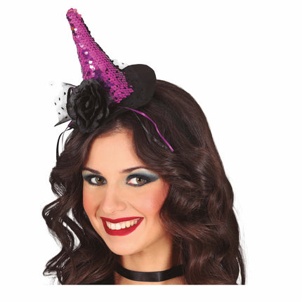 Bandeau d'Halloween Mini Chapeau de Sorcière Violet Paillettes