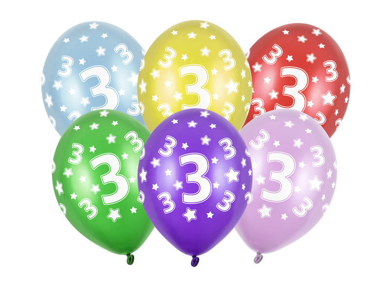 Ballons 3 ans colorés métalliques 30cm 6pcs